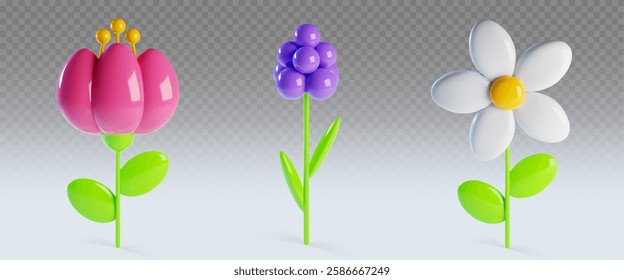 3D spring clay flowers collection - pink blossom with yellow stamens, purple spherical bloom with bright stem, white daisy with green leaves. Glossy vector botanical elements for seasonal design.