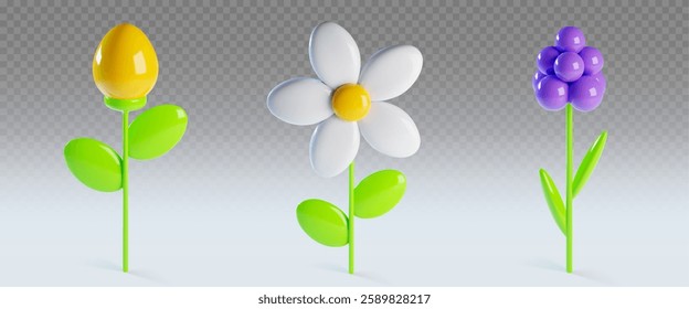 3D spring clay flowers collection with glossy yellow bud, white daisy petals, purple spherical bloom on bright green stems with leaves. Minimalist decorative botanical elements for seasonal design.