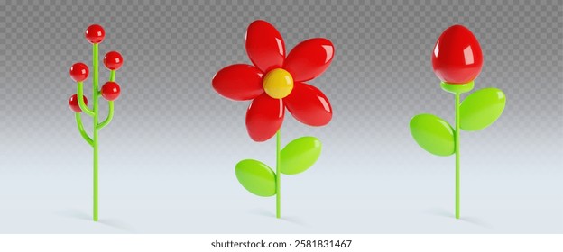 3D spring clay red flower collection - spherical branch, blossom with petals and yellow center, oval bud bloom on bright green stem with leaves. Glossy botanical elements for season or festive design.