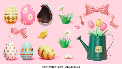 3d spring or Easter holiday decor elements isolated on pink background. Suitable for activity promo or website icons.