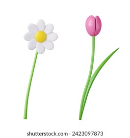 Icono de flores de primavera 3d aislado en fondo blanco. Chamomile, tulipán. Decoración de Semana Santa. 3 quinquies de representación. Ilustración vectorial.