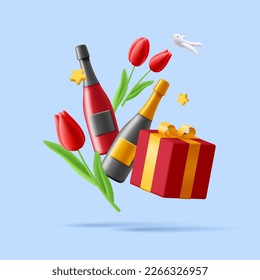 3d spring greeting composition with red tulip flowers, gift box and wine bottles with dove bird in the sky