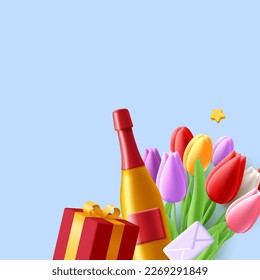 3d spring greeting composition with tulip flowers bouquet, gift box and wine bottle with love letter envelope