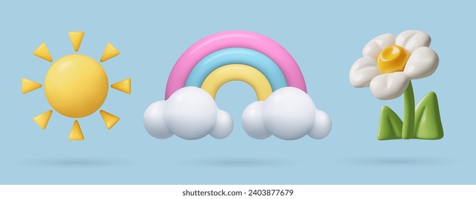 3d spring icons set. Blooming flower, sun and rainbow with clouds. Three dimensional warm summer weather vector objects. Toy plastic design elements collection.