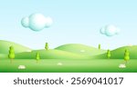 3d spring landscape. . Cartoon summer background with green hills, tree, grass mountain, clouds in sky. Park scene. Childish vector illustration
