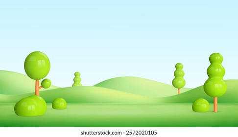 3d spring landscape. Cartoon summer background with green hills, tree, grass mountain. Park scene. Childish vector illustration