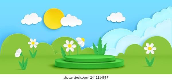 3d primavera paisaje de papel cortar el fondo del podio. Escena de papel de dibujos animados con flor, cielo, nube y plataforma para la ilustración vectorial de exhibición de productos. Paisaje de naturaleza al aire libre vacío para la presentación