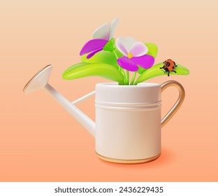 3d Spring Pansies Bouquet with Ladybug Insect in Watering Can Gift or Decor Concept Cartoon Style. Vector illustration