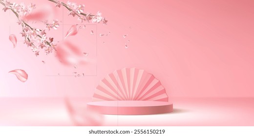 3d spring sakura flower podium. Pink product platform with cherry blossom and flying petal illustration scene. Abstract minimal cosmetic display stand in japanese showcase with branch realistic mockup