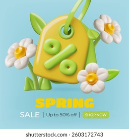 3d Spring sale banner design with price tag, percentage sign and flowers. Gardening shop discount background. Vector illustration.