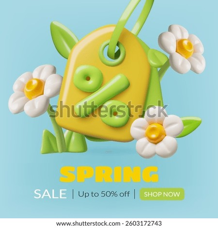 3d Spring sale banner design with price tag, percentage sign and flowers. Gardening shop discount background. Vector illustration.