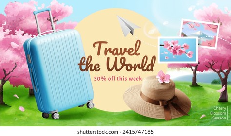 3D spring season travel sale banner with luggage and straw hat on cherry blossom background