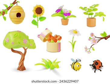 3d Spring Set Cartoon Style Blooming Tree , Bee, Ladybug Insect, Butterfly, Sakura Branch and Pansies Flowerpot. Vector illustration svg