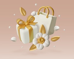 3D Spring Shopping Vector Decorations. Gift Box, Shopper, Flower And Flying Petals On Peach Fuzz Color Background. Three Dimensional Romantic White And Gold Vector Illustration.