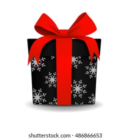 3D square black Gift Box with red Ribbon and Bow Isolated on Background. With white snowflakes pattern. Can be used for New Year Holiday or winter gifts