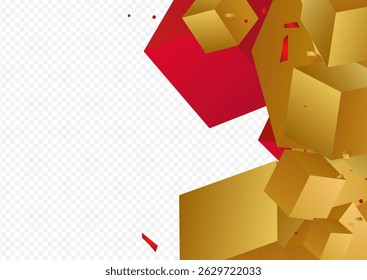 3d Square Flying Party Vector Transparent Background. Gold and Red Confetti Fly Art Wallpaper. Luxury Block Metal Illustration. Abstract Cube Isometric Banner.