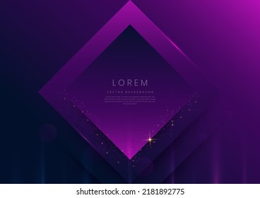 3D square frame on purple and dark blue background with lighting effect and sparkling with copy space for text. Luxury design style. Vector illustration