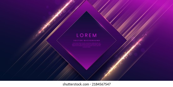 Marco cuadrado 3D sobre fondo morado y azul oscuro con efecto de iluminación y brillo con espacio de copia para texto. Diseño de lujo. Ilustración del vector