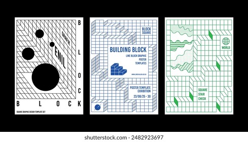 3d square line background poster design set isometric boxes line cubic flyer cubes blocks circle pattern outline shapes set abstract geometric black blue green line templates modern minimal geometry 