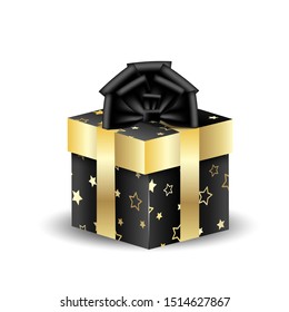 3D square packing box black with gold. Wrapping paper with stars. Vector isolated object. Present for christmas and new year. Black bow