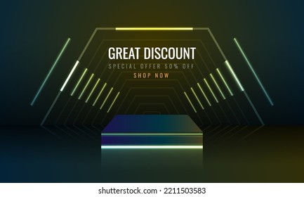 3d square podium green color with light lamp on dark background. Template design for promo product display. Vector illustrator