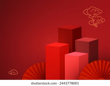 3D square podium in showcase with Chinese clouds and traditional paper fans. Square podium with Asian design elements. Lunar new year offer