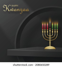 3d Square podium stage for Happy kwanzaa card with nice and creative symbols and paper cut style on color background for kwanzaa holiday