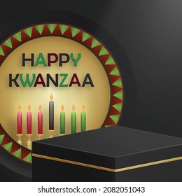 3d Square podium stage for Happy kwanzaa card with nice and creative symbols and paper cut style on color background for kwanzaa holiday