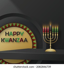 3d Square podium stage for Happy kwanzaa card with nice and creative symbols and paper cut style on color background for kwanzaa holiday