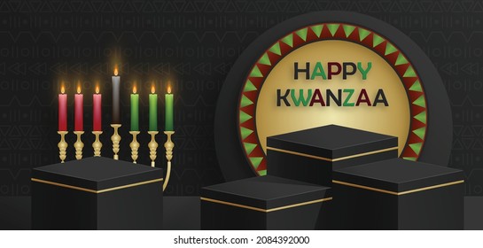 3d Square podium stage for Happy kwanzaa card with nice and creative symbols and paper cut style on color background for kwanzaa holiday