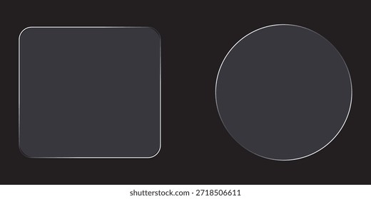 3D square and round buttons in the liquid glass style. Modern web user interface element for ui ux design. Transparent frames and buttons. Vector illustration.