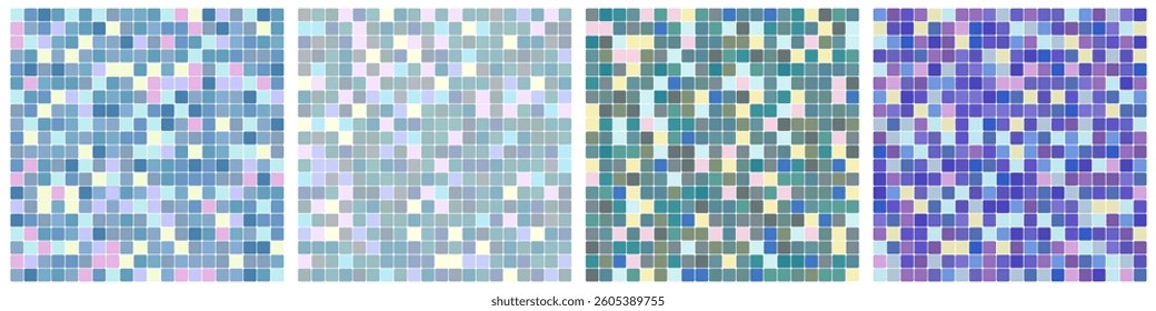 3d square tile mosaic pattern set. Trendy multicolored iridescent gradient wall. 