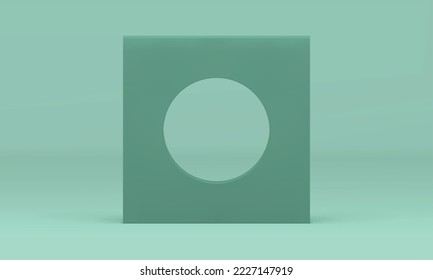 3d squared block with circle hole vertical geometric wall green decor element realistic vector illustration. Premium polygonal symmetric vertical base foundation minimalist border construction design