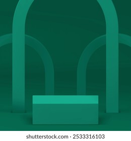 3d squared podium with abstract arch shape wall background realistic vector illustration. Trendy minimalist pedestal with archway form geometric backdrop mockup for cosmetic product presentation
