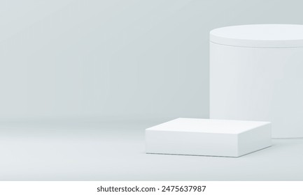 3D-quadratisches Podium-Sockel mit Zylinderkasten-Wand-Hintergrund realistische Vektorillustration. Trendiges minimalistisches Showcase geometrische Form Innendesign für kosmetische Produktpräsentation