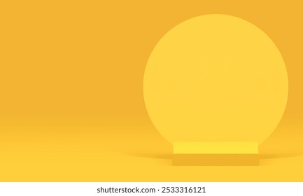 3d squared podium with round wall background yellow display for show realistic vector illustration. Trendy minimalist geometric showcase pedestal for shopping sale product presentation advertising