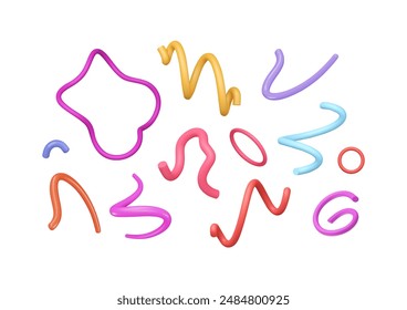 3d squiggles set. Plastic doodles, serpentine and geometric shapes. Abstract volumetric lines and circles. Fluid creative art. Vector illustration for party designs.