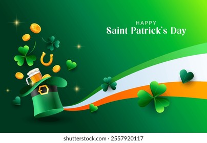 3d St Patrick’s Day background. Clover leaves with shamrock, gold coins, green hat and irish color strap for greeting holiday design. Vector illustration template. 