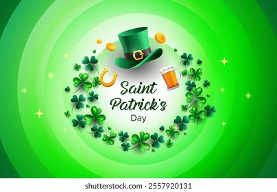 3d St Patrick’s Day background with green circle design. Leprechaun hat, shamrock, gold coins, beer, horseshoe elements. Vector illustration template. 