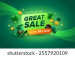 3d St Patrick’s Day sale background design. Leprechaun hat, shamrock, pot of gold coins on green strap background. Vector illustration for promotion. 