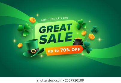 3d St Patrick’s Day sale background design. Leprechaun hat, shamrock, pot of gold coins on green strap background. Vector illustration for promotion. 