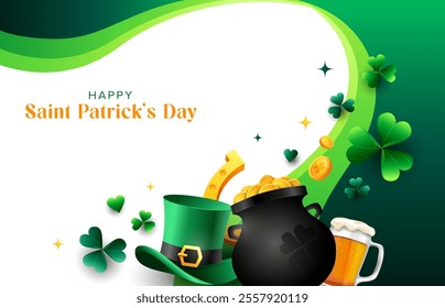 3d St Patrick’s Day wavy background. Clover leaves with shamrock, gold coins, green hat for greeting holiday design. Vector illustration design template. 