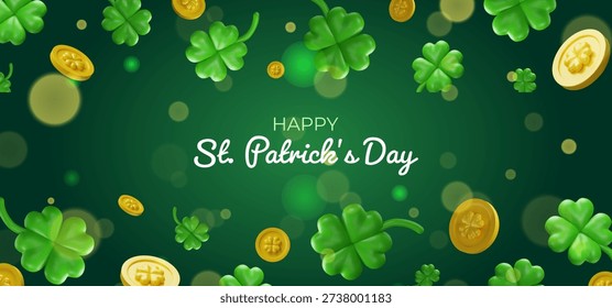 3D St. Patricks Day banner with falling golden coins with four-leaf clovers and green shamrocks. Web banners, social media posts, advertisements, holiday promotions with a cheerful and lucky theme.