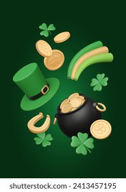 3D St. Patrick's Day elements floating on gradient green background. Vector render of hat, cauldron with money, golden coins, clover leaves, horseshoe, abstract rainbow. Irish traditional illustration