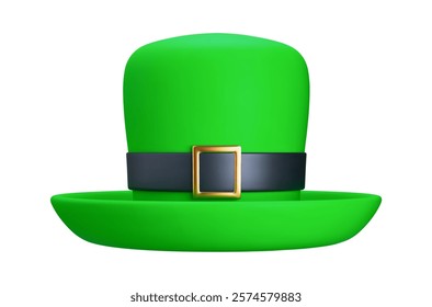 3d St. Patrick's green hat. St. Patrick's Day shiny element. Front view. Cartoon style. Stock vector illustration on white isolated background.