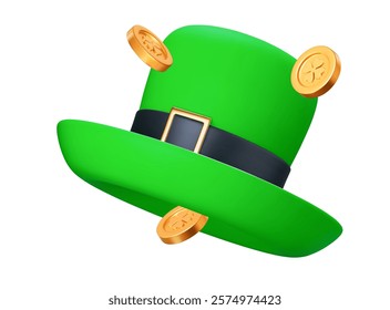 3d St. Patrick's green hat and flying gold coins with clover leaves. St. Patrick's Day shiny element. Cartoon style. Stock vector illustration on white isolated background.