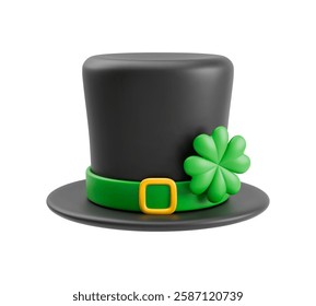 3D St. Patrick's hat. Green hat with gold belt and four-leaf clover. Realistic leprechaun top hat with lucky Shamrock. Saint Patrick Day symbol. Vector sign of good luck