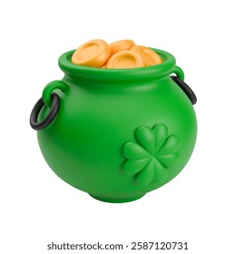 3D St. Patrick's pot full of gold coins. Realistic green leprechaun cauldron with four leaf clover on side. Vector elements for Saint Patrick's Day. Lucky shamrock and treasure of leprechaun isolated.