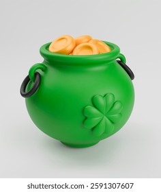 3D St. Patrick's pot full of gold coins. Realistic green leprechaun cauldron with four leaf clover on side. Vector elements for Saint Patrick's Day. Lucky shamrock and treasure of leprechaun isolated.