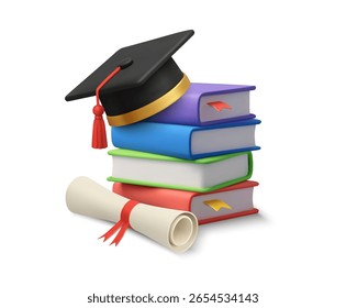 Pilha 3d de livros com tampa de graduação em cima, certificado de diploma, isolado no fundo branco. 